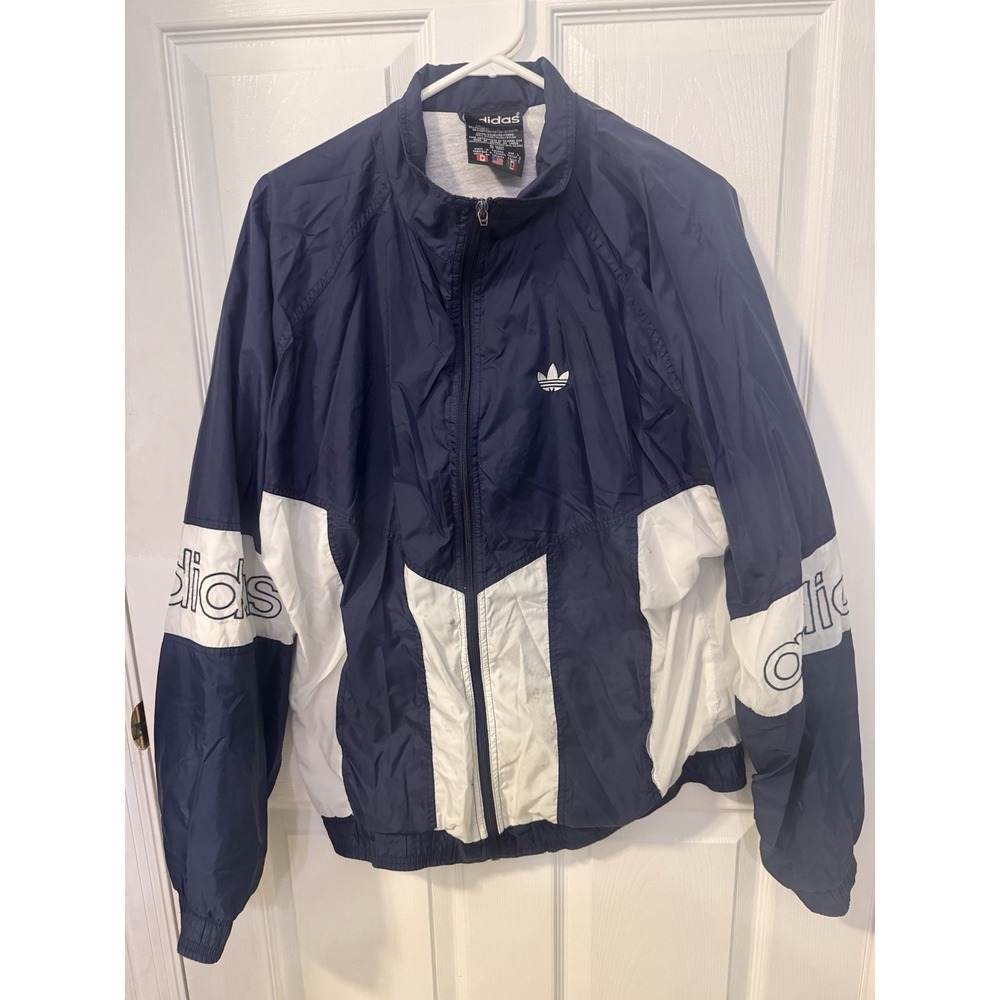 Adidas Trefoil Windbreaker Jacket Mens Large Navy White Colorblock Full Zip